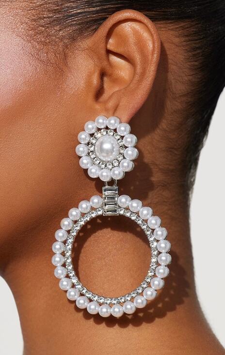 Statement Jewelry - Silver Tone Pearl & Rhinestone Double Circle Statement Earrings 3.5” Drop – EUC